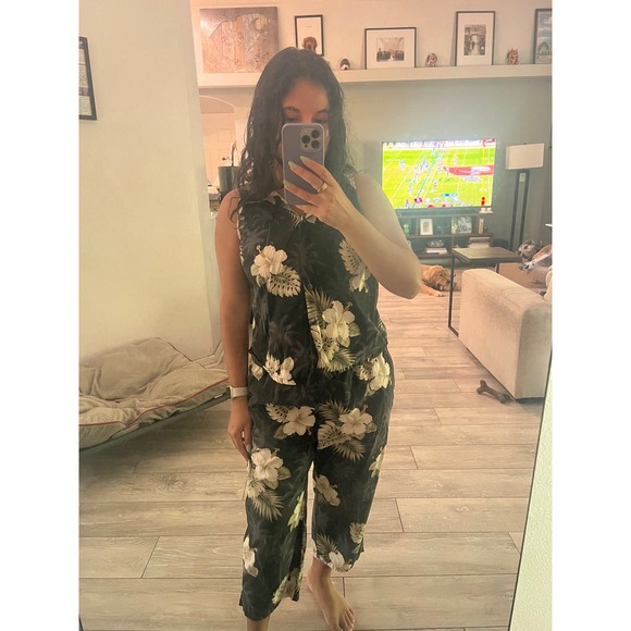 Pacific Legend Hawaiian Floral Palm‎ Tree Sleeveless Button Down Top - Picture 4 of 4